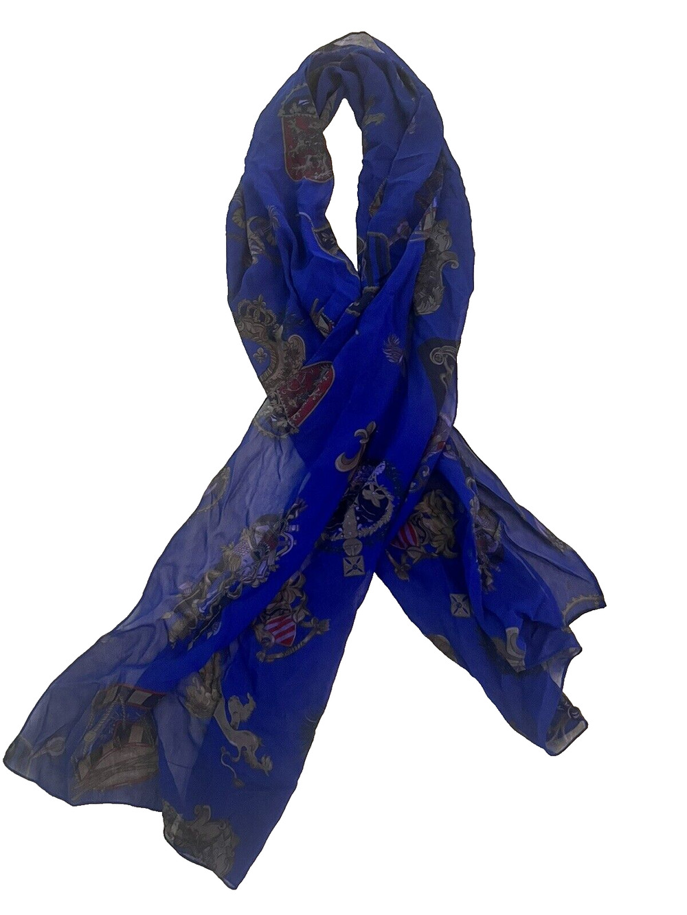Vintage Royal Blue 100% Silk Dana Buchman Fleur De Lis Scarf M/I Korea 20”x70"